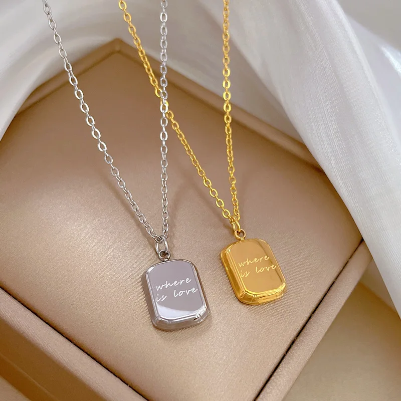 INS English Square Brick Men's Necklace Women's Minimalist Gold Square Pendant Couple Gift Party Jewelry Gift Collar Chain