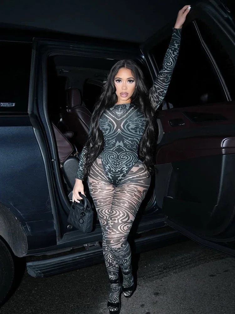 Coquette طباعة المرأة 2 قطعة مجموعة مذهلة شبكة كم كامل داخلية مع السراويل جديد أنثى منتصف الليل نادي شير الملابس