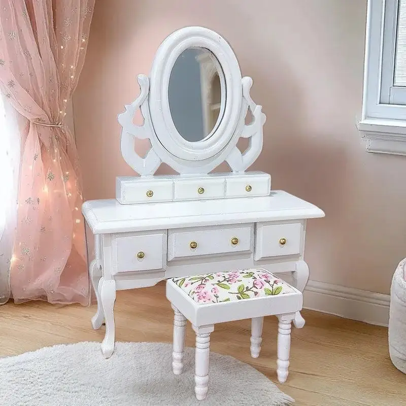 Prachtig poppenhuismeubilair; Mini-kaptafel met spiegel, kruk in schaal 1:12 Fantasiespelspeelgoed