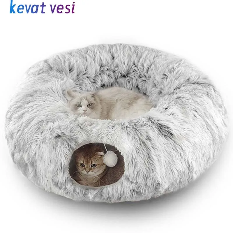 Plush Warm Cat Bed with Tunnel for Indoor Cats Collapsible  Donut Cat Playing Sleeping Cave Non-slip Kitten Nest Pet Supplies