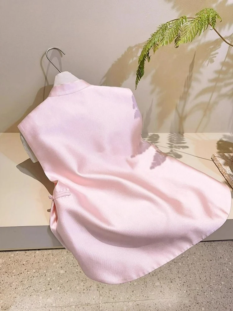 เสื้อกั๊กปักลายสีชมพูสำหรับผู้หญิง ฤดูใบไม้ผลิ 2025 สไตล์จีนใหม่ กระดุมแบบจีน คอตั้ง ทรงเข้ารูป