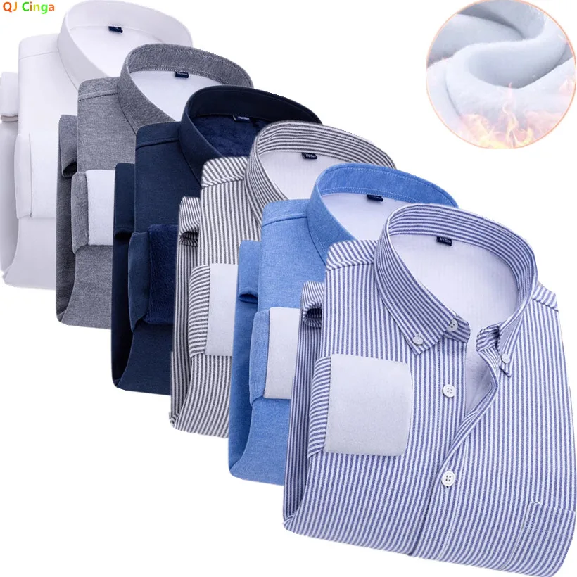 Blue Men Striped Long Sleeve Padded Shirt, Single Button Square Collar Winter Thick Shirts, Business Casual Warm Top, Asian Size