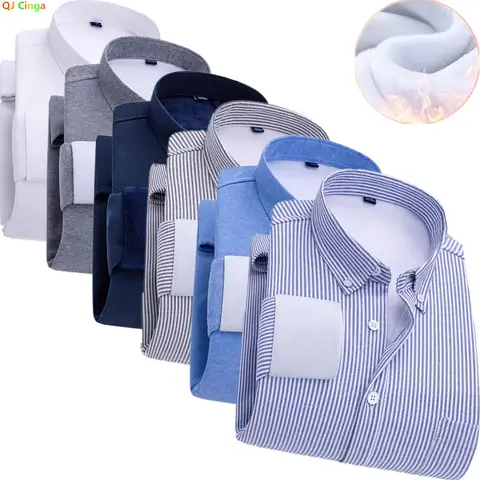 Winter Men Blue Striped Long Sleeve Padded Shirt, Single Button Square Collar Thick Shirts, Business Casual Warm Top, Asian Size