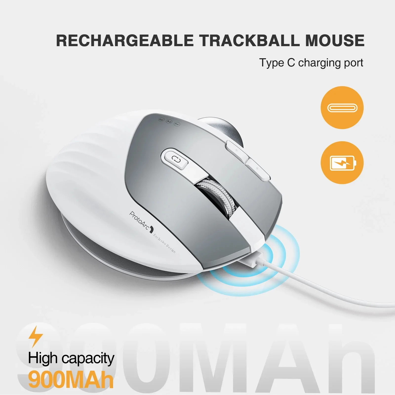 ProtoArc EM01 RGB Wireless Trackball Mouse 2.4G Bluetooth Ergonomic Mouse Rechargeable Rollerball Mice for Home Office Laptop PC