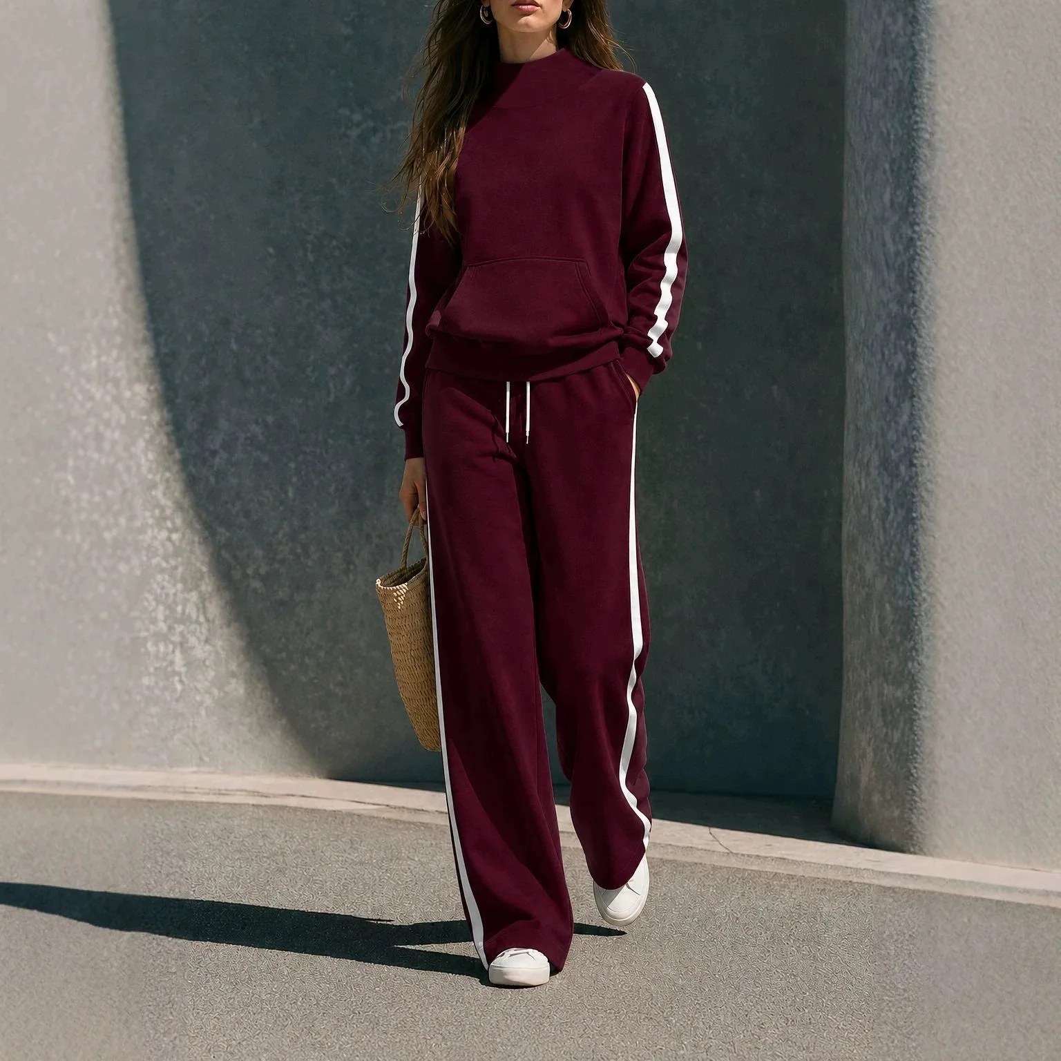 Women's Mock Neck Side Stripe Sweatset Kangaroo Pocket Sweatshirt High Waist Wide Leg Pants 2 Piece Tracksuit Matching Outfit