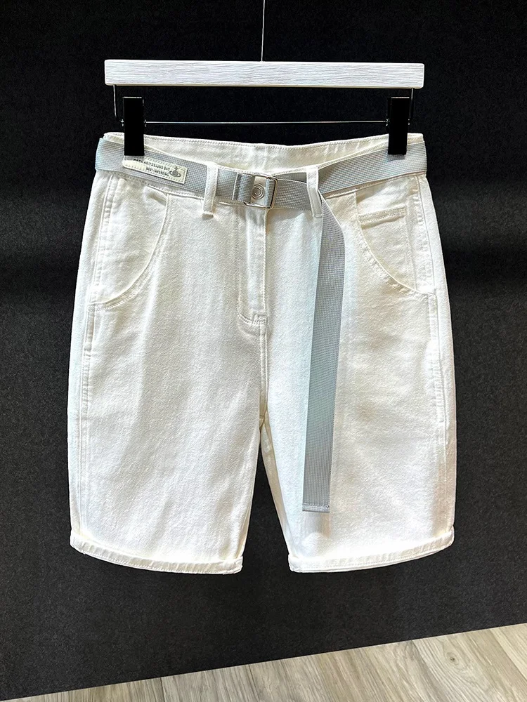 

Мужские летние тонкие джинсы свободного кроя из белого денима, прямые брюки-пятиштани, модные универсальные повседневные джинсы средней длины