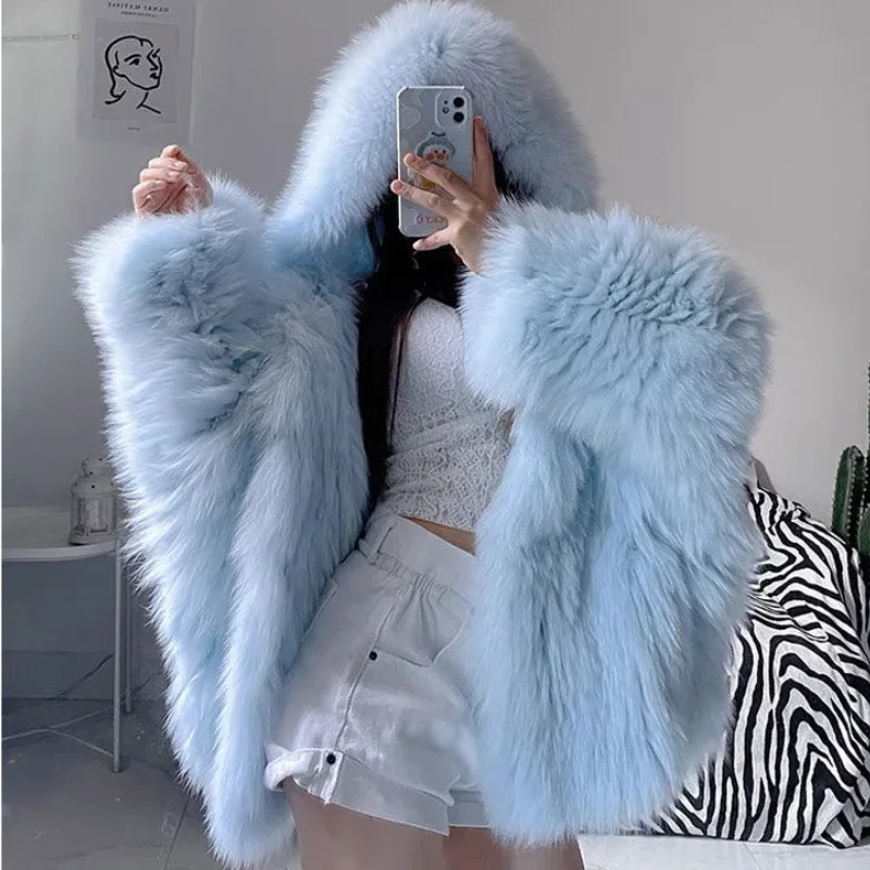 

Luxury Rex Rabbit Fur Bomber Jacket Women Winter Warm Grass Faux Fox Coat Hooded Fluffy Cardigan With Fur Collar Hat Furry Tops