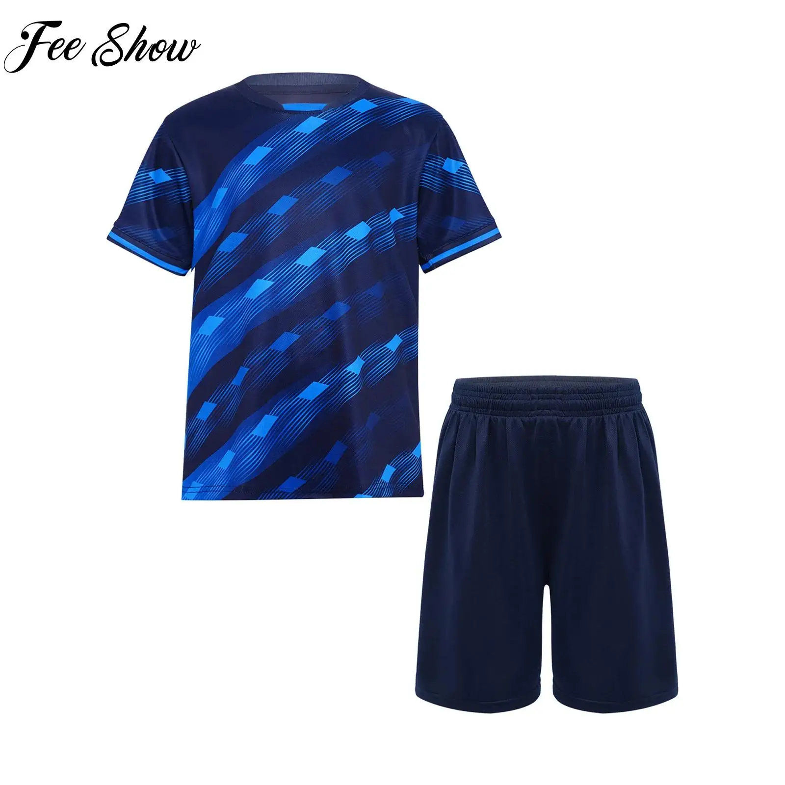 

Kids Quick-Drying Sports Set Boys 2-piece Swim Suits Short Sleeve Striped T-shirt with Shorts Outfit Football Basketball Uniform