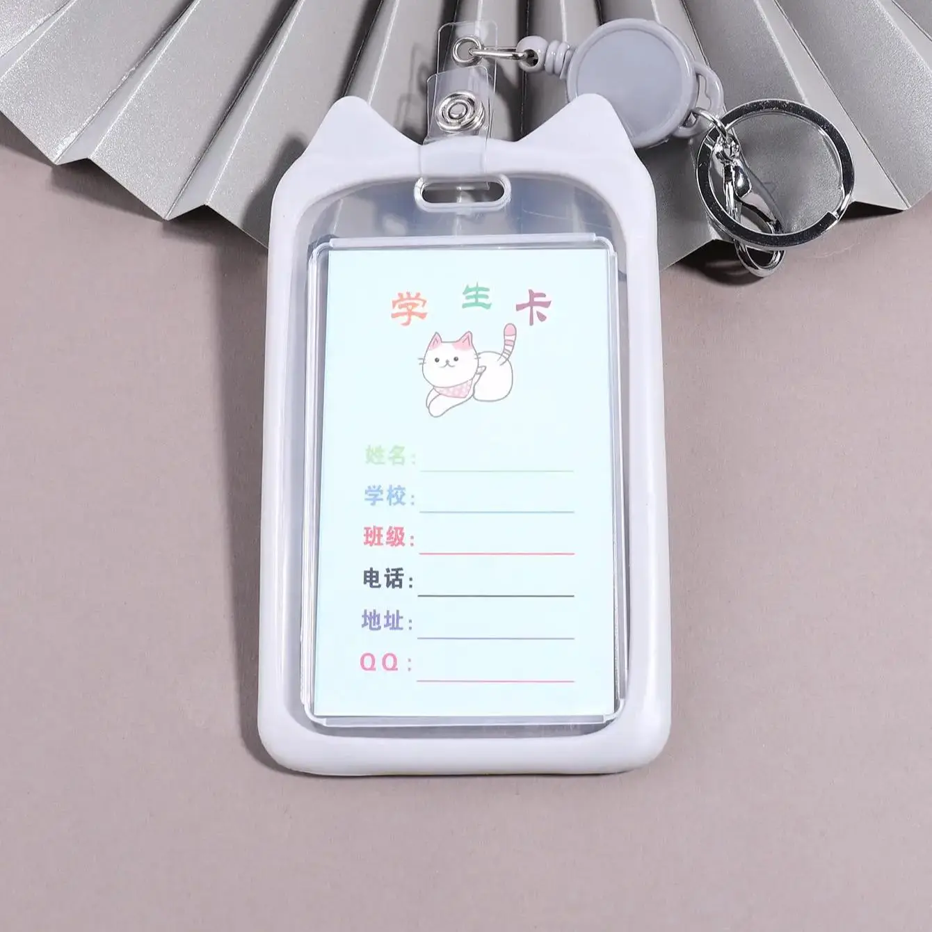 1PC 猫耳スタイリングキーホルダーカードホルダー、ポータブル学生証、バスカード、仕事用ID保護カードケース、キャンパスオフィス用品