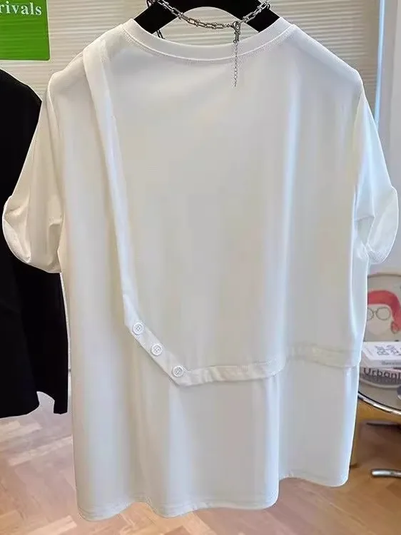 

Футболка свободного кроя больших размеров из чистого хлопка в стиле пэчворк, неравномерный дизайн, удобный дышащий женский летний топ