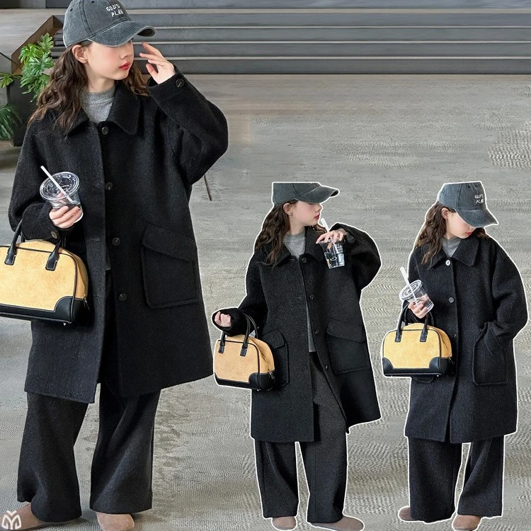 

autumn winter big child outerwear coat teen girls Soft black woolen overcoat 4-14 junior kids warm length topcoat Korean casual