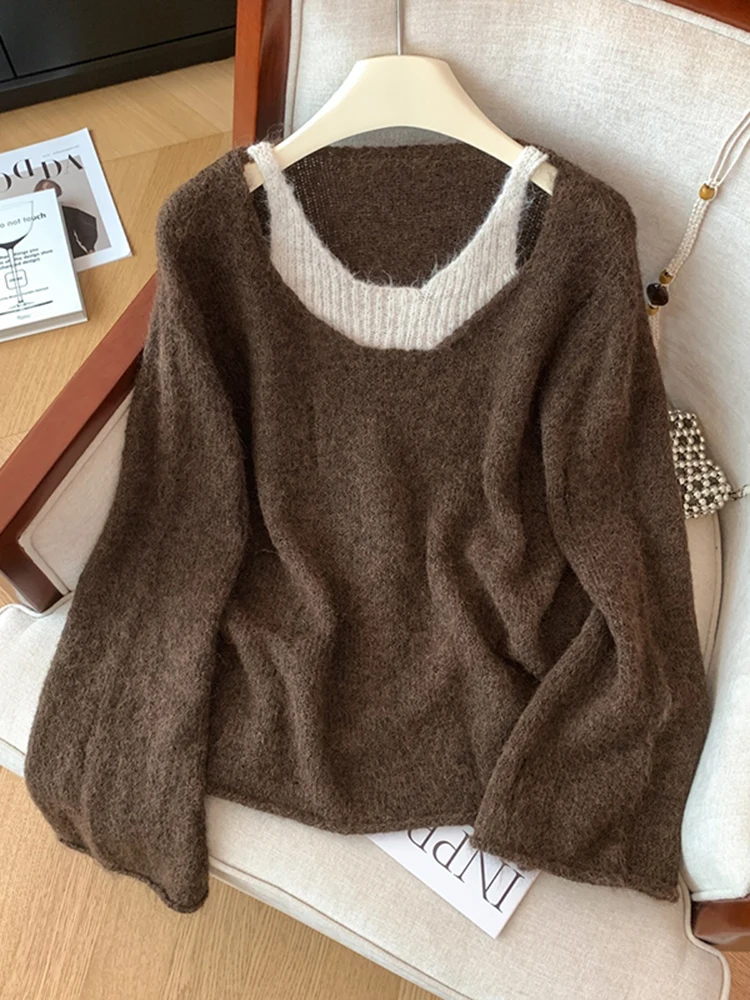 

Ladies' Loose Knitted Sweater V-Neck Fake Two-Piece Style Autumn Winter New Fashion Layering Lazy Style Women's Top