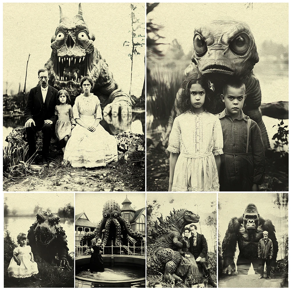 

Vintage Mysterious Creature Group Photo,Wall Art Canvas Painting,Creepy Antique Photo Art Poster And Print,Home Decor Unframed