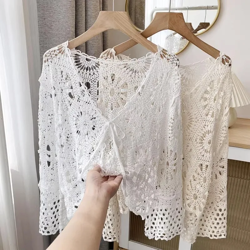 Kimotimo Hook Flower Hollow Knitted Cardigan Women Summer Outwear Flare Sleeve Boho Crop Tops Korean Beach Style Lace Up Coats