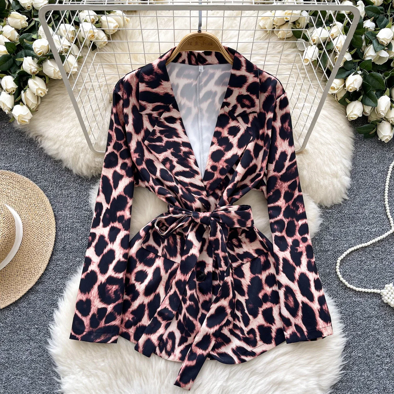 Chic Turn-down Collar Basics Long Sleeve Elegant Leopard Print Slim Bandage Suit French Streetwear High Street Autumn Winter Top