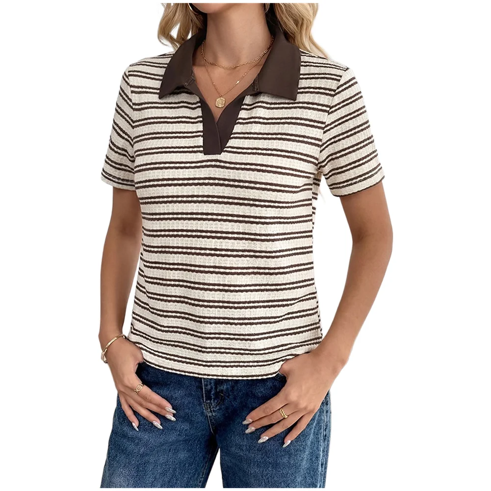 

For Summer Season Striped V Neck Top Casual Summer Striped T-shirt Summer Casual Pullover Shirt V-neck Design Striped Pattern