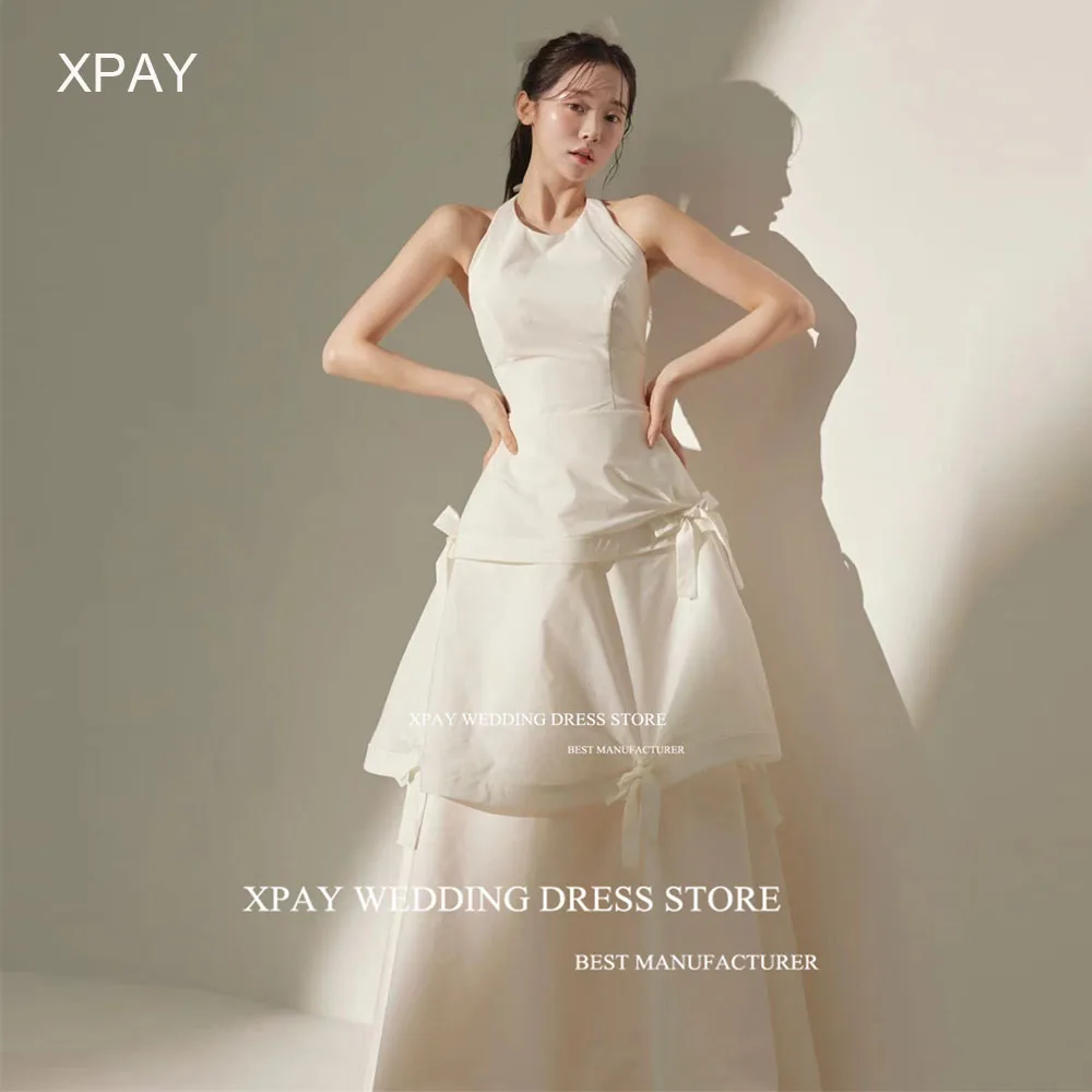 

XPAY Vintage O Neck Satin Tulle Korea Wedding Dresses Tiered Bow A Line Party Photo Shoot Sleeveless Corset Backless Bridal Gown