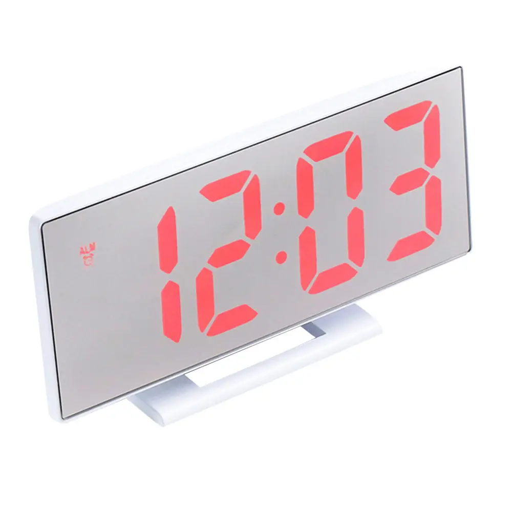 Slim Modern Mirror Alarm Clock with 4-Bit LED Large Screen Display Digital Clock for Bedroom Living Room Desk Wall Mount Date