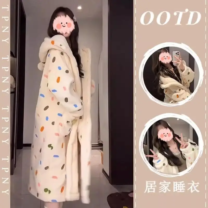 Pigiama in pile corallo per donna in inverno morbido peluche con cappuccio camicia da notte lunga spessa calda vestiti per la casa che possono essere indossati come capispalla