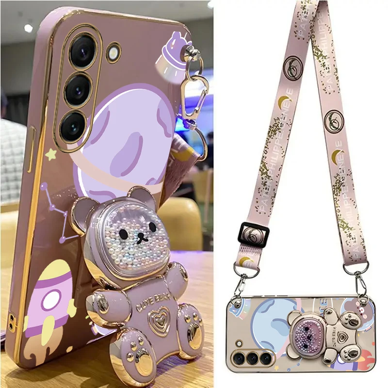 Space Bear Lanyard Holder Case For Samsung Galaxy S24 S23 S21 S20 S22 S10 Note 10 20 Plus Ultra Fe Crossbody Strap Stand Cover