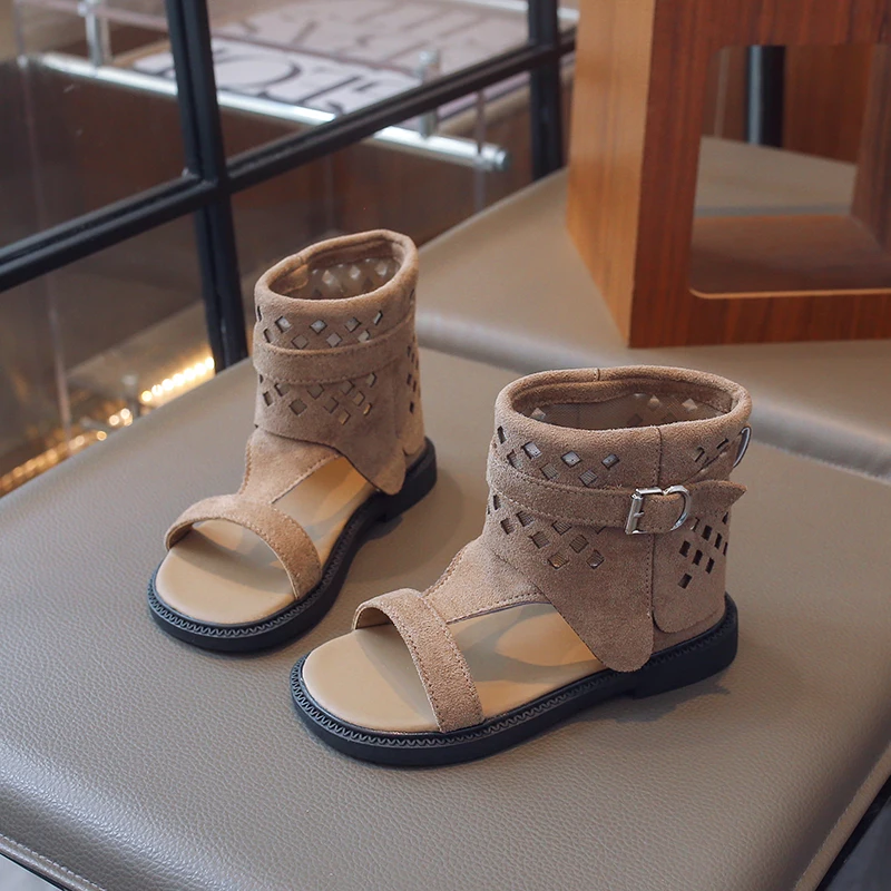 Kids Hollow Cutout High Top Gladiator Sandals, Single Wide Toe Strap Metal Buckle Ankle Wrap Suede Flat Summer Boots