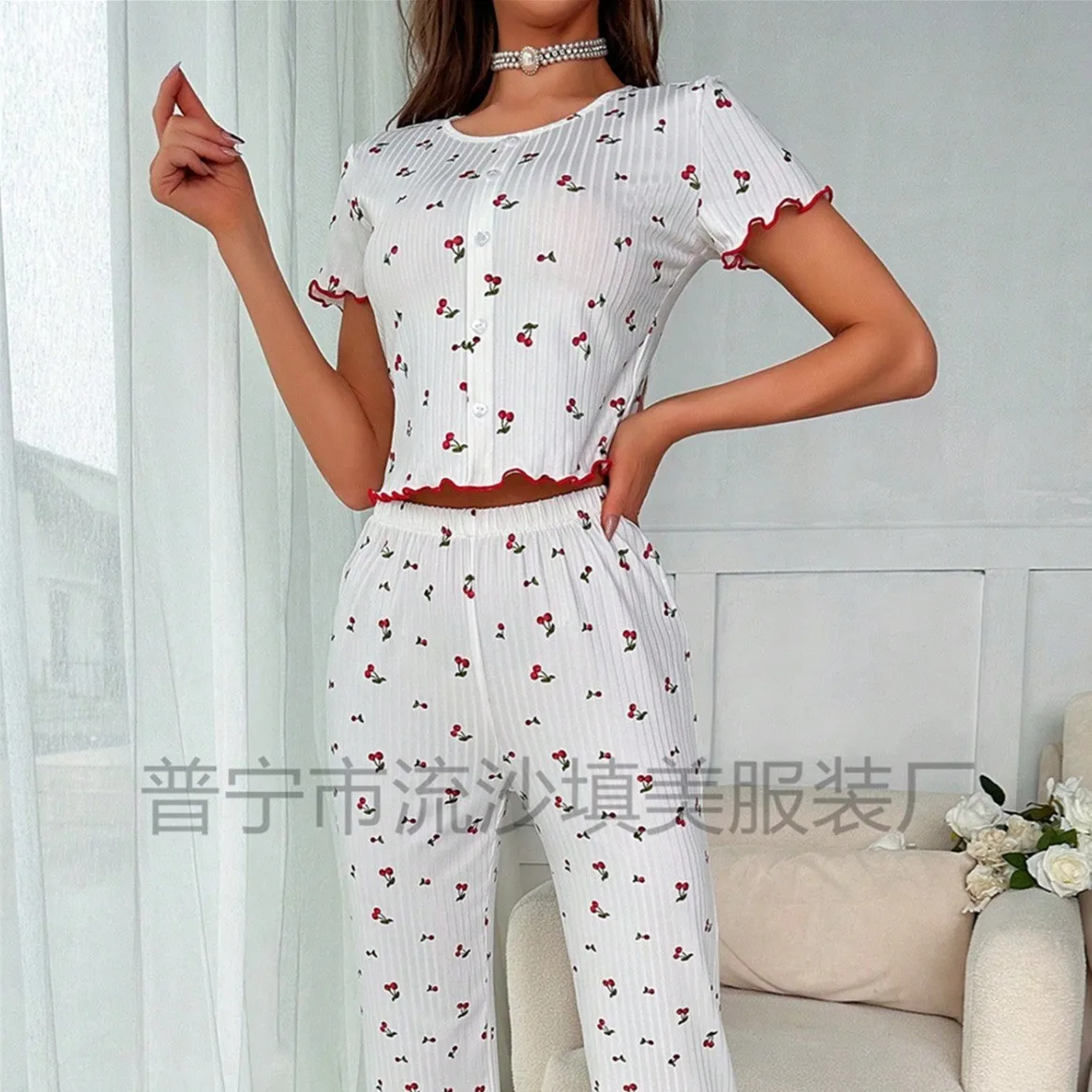 Woman Summer Pajama Crop Top Short Sleeve Sleepwear Set Button Front Round Neck Loungewear Set Cherry Print Pajamas Pink White