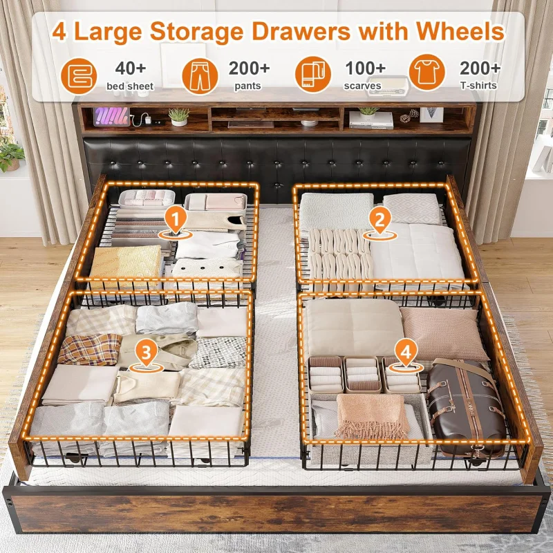 EnHomee 4 Drawers King and Headboard UpholsteredKing Size Bed Frame with Storage & amp image 4