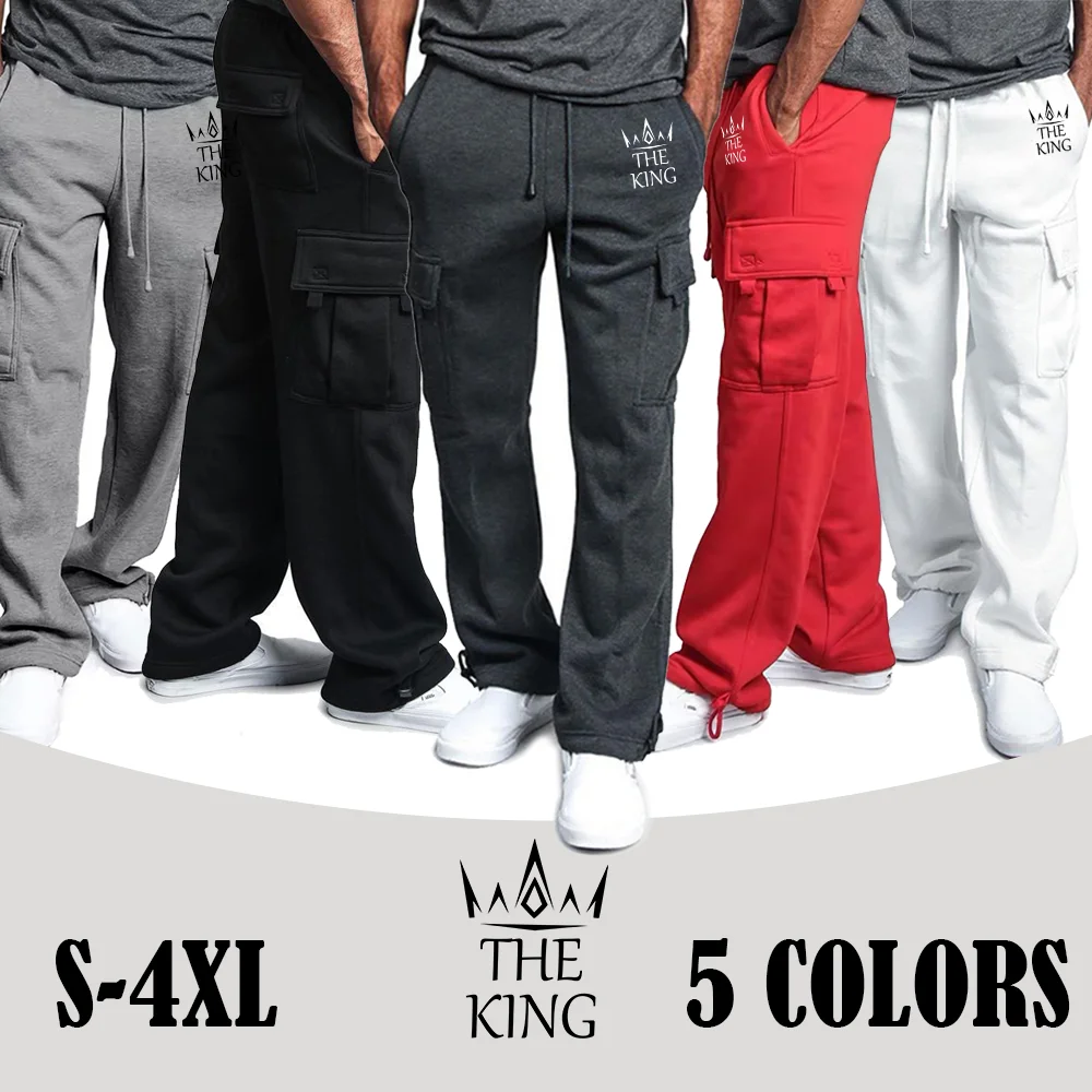 

New men's hip-hop thick cargo pants, 2024 autumn winter comfort casual solid color loose wide leg pant with large pockets