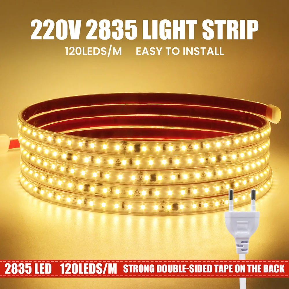 AC LED Strip with Adhesive Light 220V 230V White/Warm White120Leds/m Flexible Ribbon Stripe Waterproof IP67 Tape Lights Decor