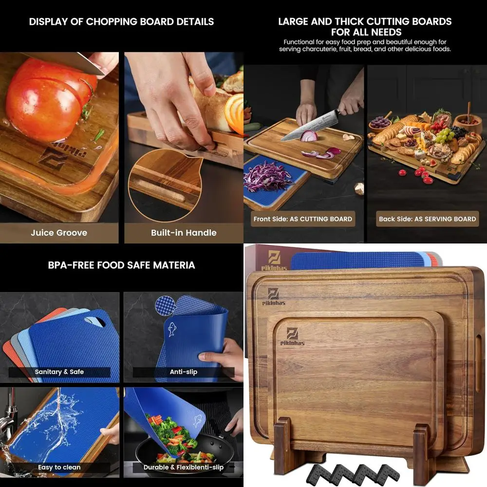 

7-Piece Acacia Wood Charcuterie Set with Holder, Non-Slip Feet, Plastic Mats, Juice Groove for Kitchen Use