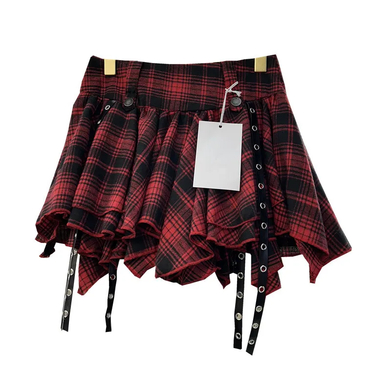 

Spicy Girl Punk Style Irregular Plaids Pleated A-line Skirts Summer High Waisted Holes Ribbons Folds Mini Checked Skirt Faldas