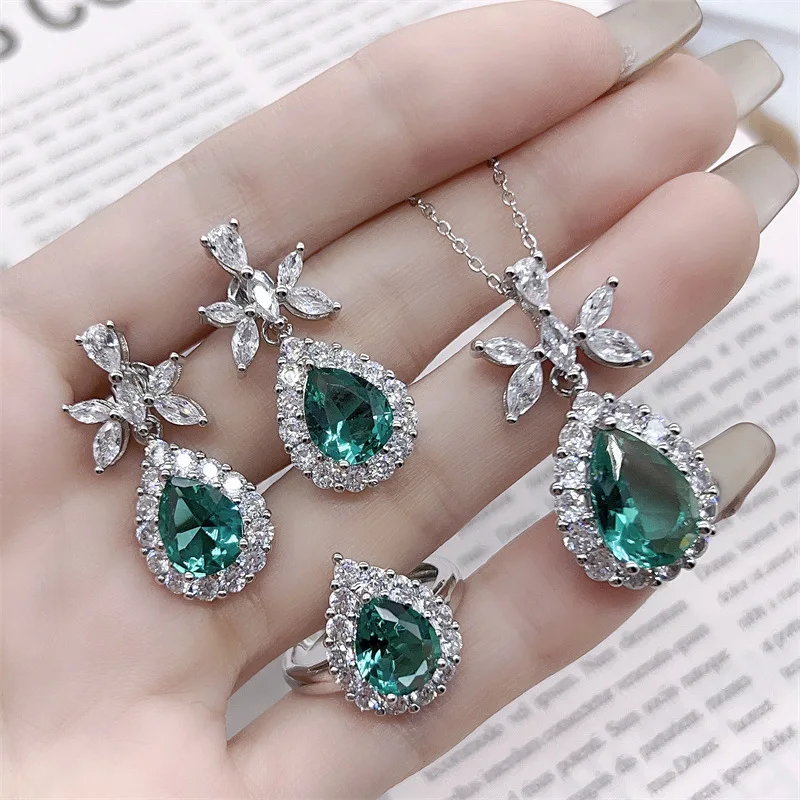 

Luxury 925 Sterling Silver Green Emerald Gemstone Ring Earrings Necklace Jewelry Sets for Women Wedding Bridal Cute Girl