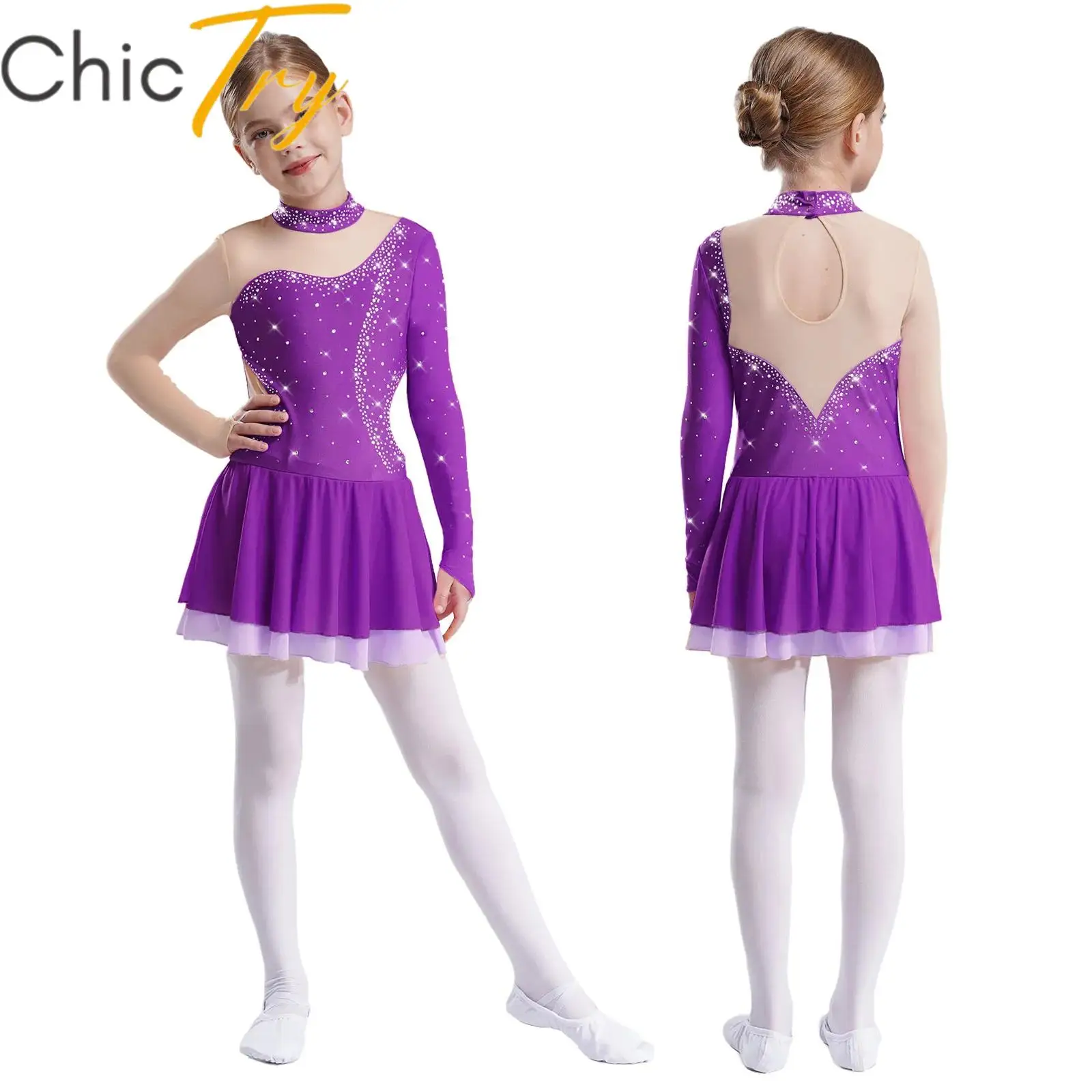 

Kids Girls Rhinestones Ballet Leotard Dress Figure Skating Dance Costume Mesh Long Sleeve Keyhole Back Gymnastics Lyrical Dress