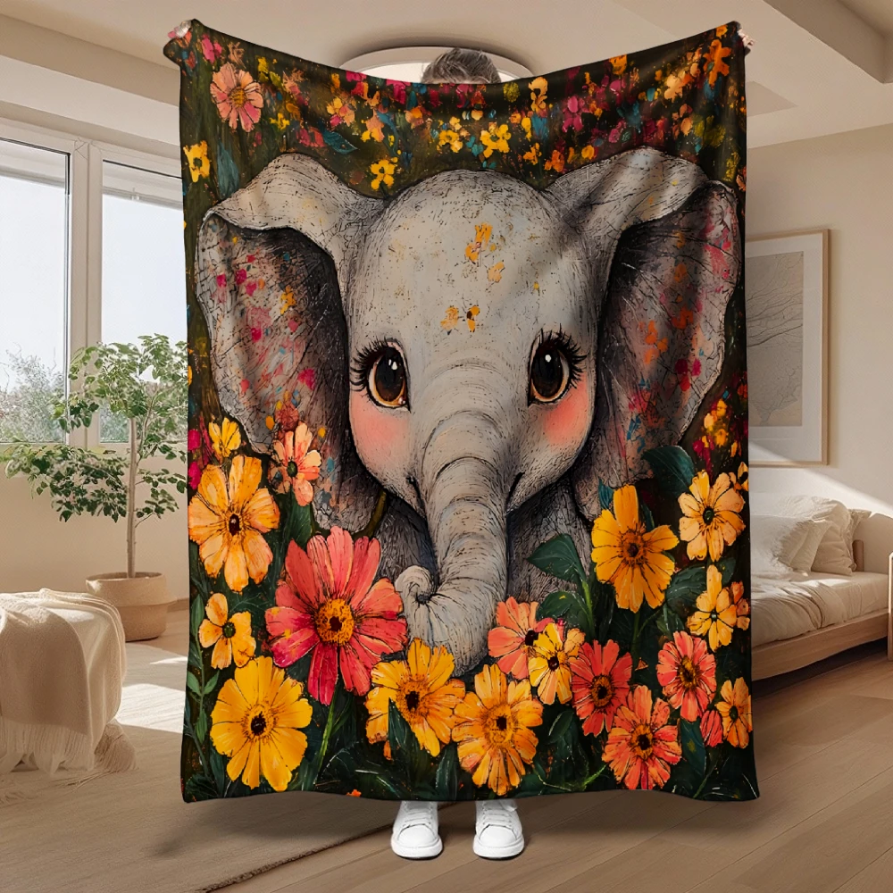 Cute Elephant And Floral Print Blanket, Ideal Gift Choice, Soft Cozy Home Decor, Multi-Purpose Warm Throw Blanket