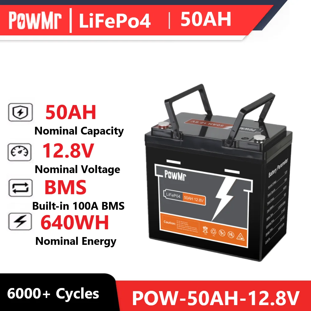 

PowMr LiFePo4 50AH 12V Battery Pack 640WH Built-in BMS Iron Phosphate Rechargeable Lithium Battery Car Home Energy Storage Power