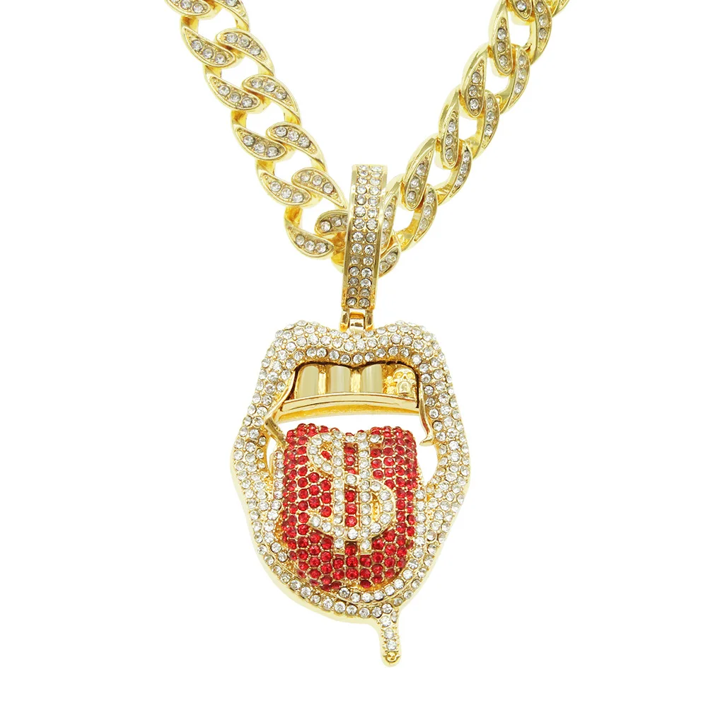 Fashionable hip-hop style alloy necklace, personalized trend, dollar tongue image, diamond inlaid pendant, necklace decoration