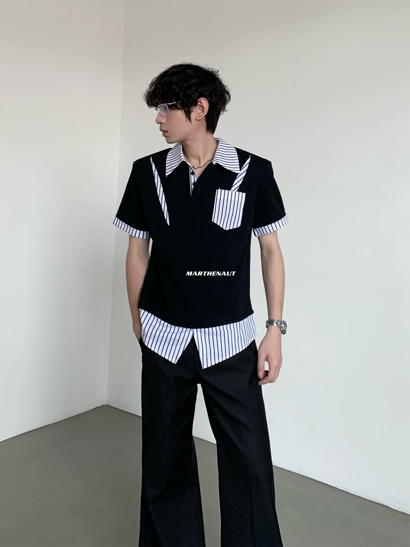 MARTHENAUT Plaid Patchwork Men's Shirt Summer Fashion Short Sleeve Casual Loose Fit Cotton Polyester Blend Youth Trend