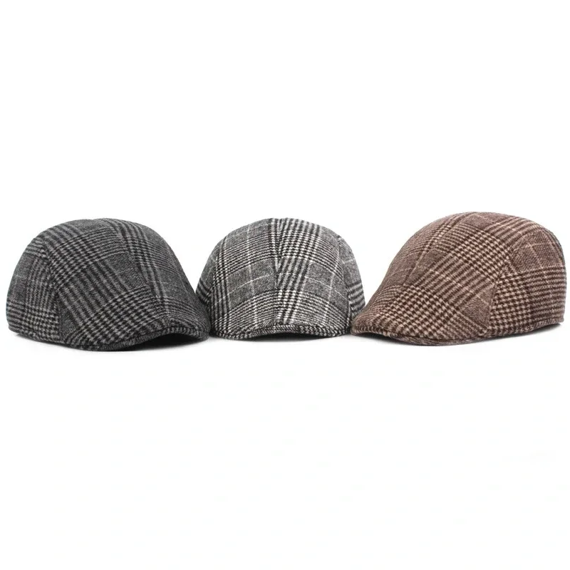 Męskie damskie bawełniana w kratę czapki z beretami w średnim wieku jesienne zimowe czapki Boina jodełkę Newsboy Baker Boy Hat Tweed Flat Cap