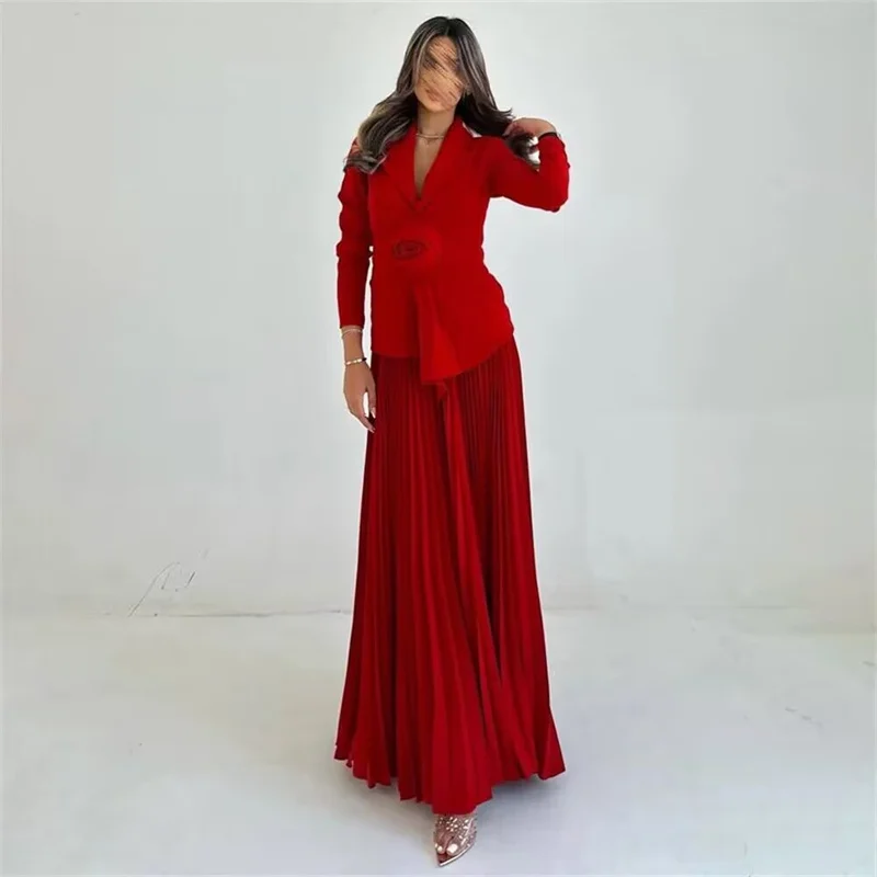 Red Long  Evening Gown Women Dresses 2 Piece Elegant Customized  A Line Evening Dress Long Sleeve  Floor Length Prom Dress