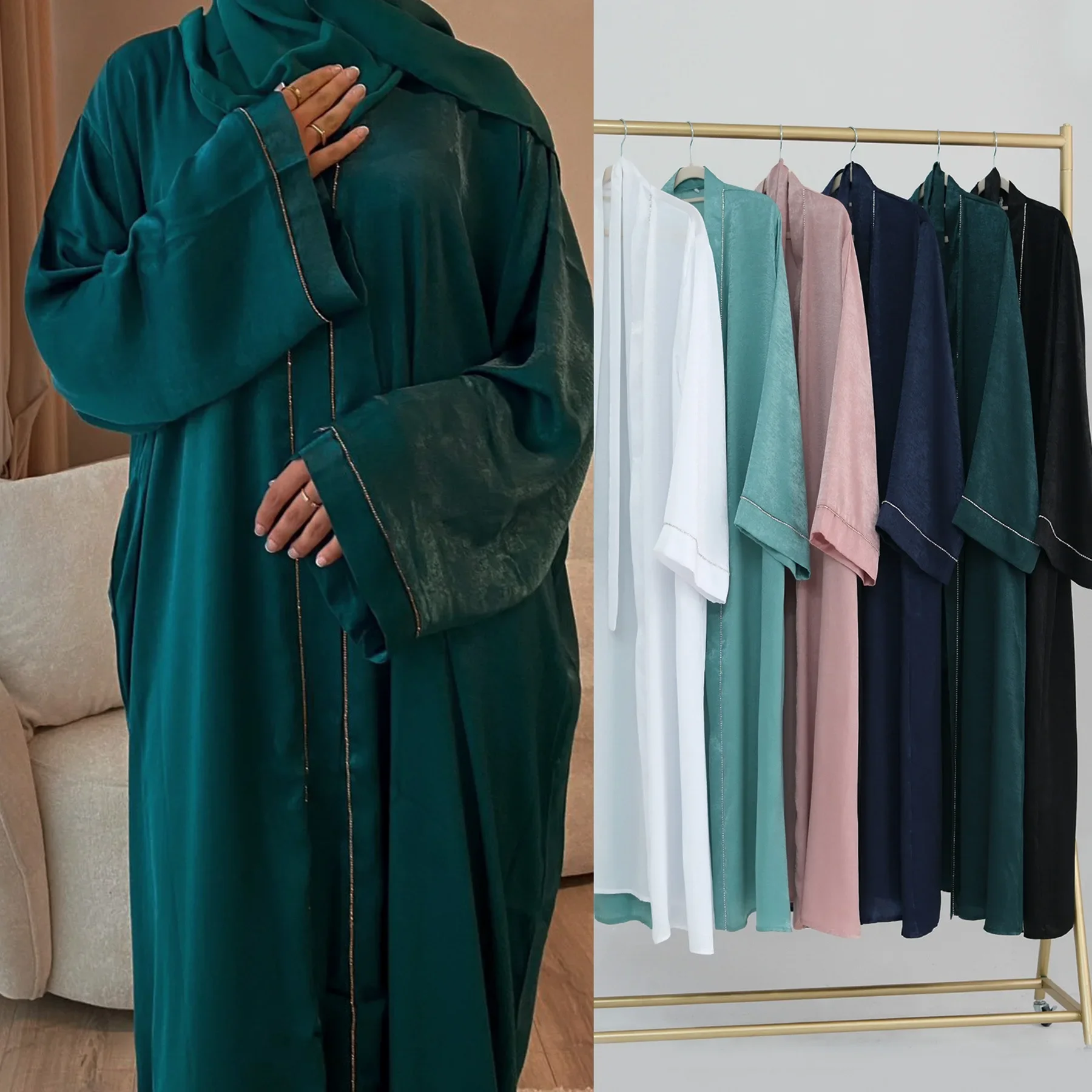 

Ramadan Eid for 2024 Satin Elegant Women Muslim Open Abaya Cardigan Maxi Dress Turkey Kaftan Arab Islamic Kimono Dubai Jalabiya