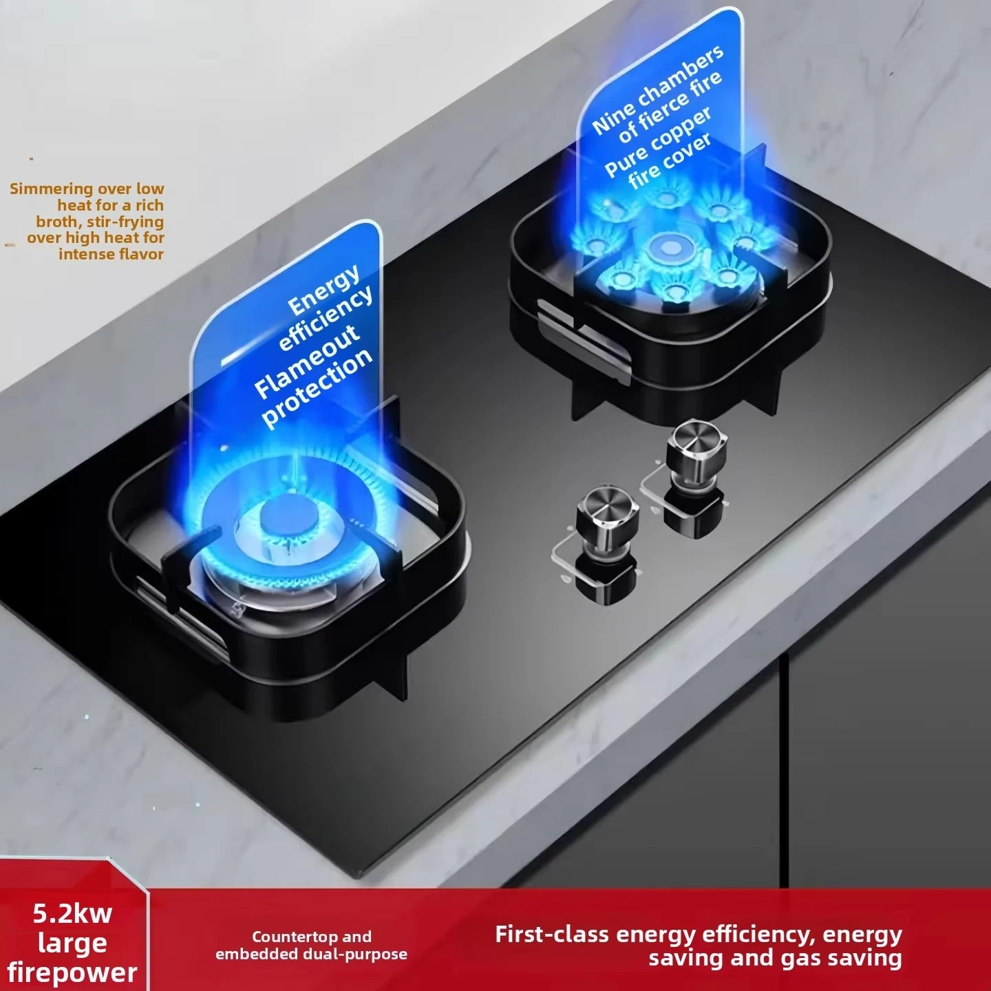 Gas stove with dual burners, high heat output, built-in natural gas stove, countertop LPG stove, energy-saving coal gas stove