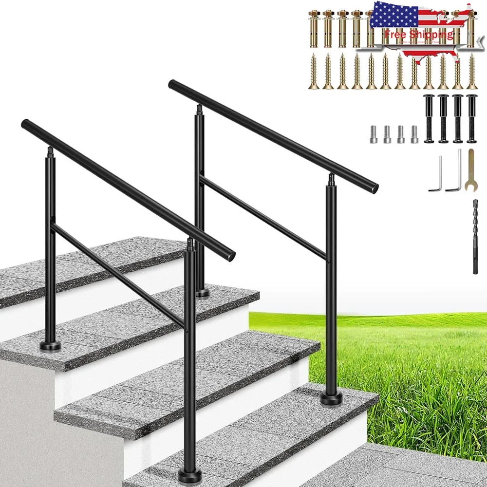 2-Pack Durable Outdoor Step Handrails Iron Stair Railing 3-Step Handrail Porch Deck Indoor Use Safety Support