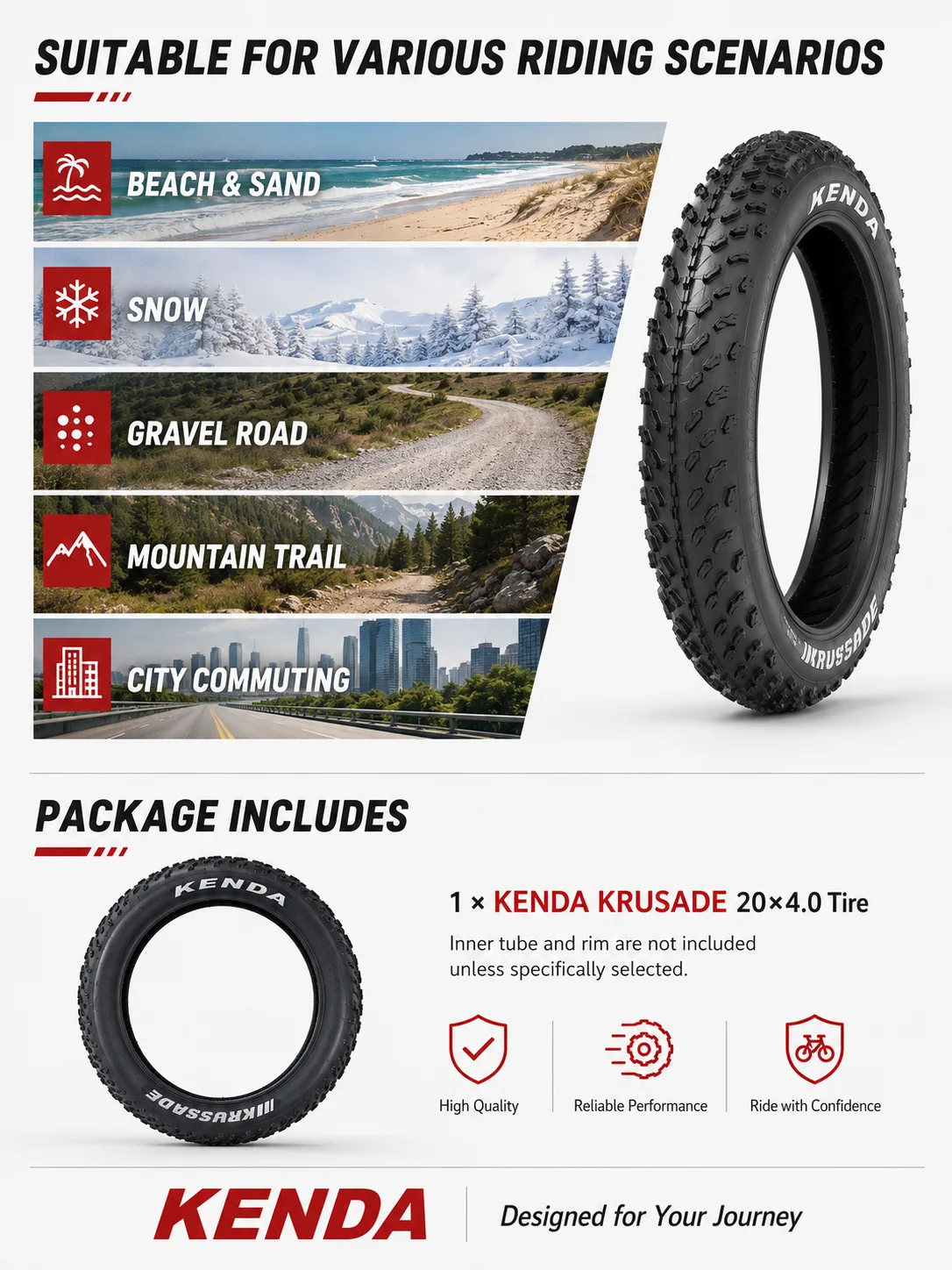 Kenda K1188 Krusade Fat Tire 20x4.0 Fahrradreifen 20"x4.00 Drahtreifen SRC Schwarz Fatbike-Reifen für MTB Schnee Strand Offroad – Detail 5