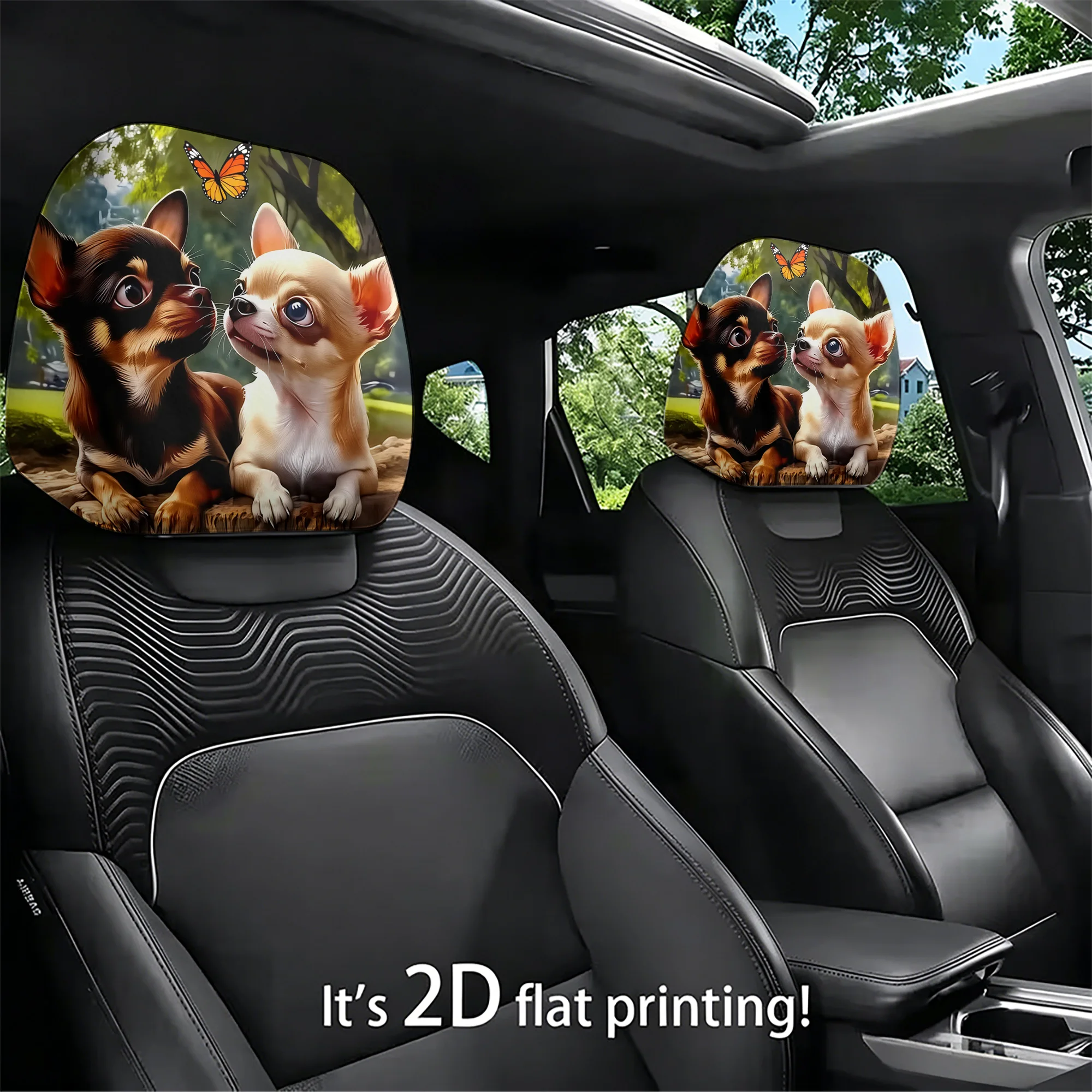 2pcs cute Chihuahua and butterfly-patterned car headrest covers to decorate your car interior. Not filled. Easy to install.