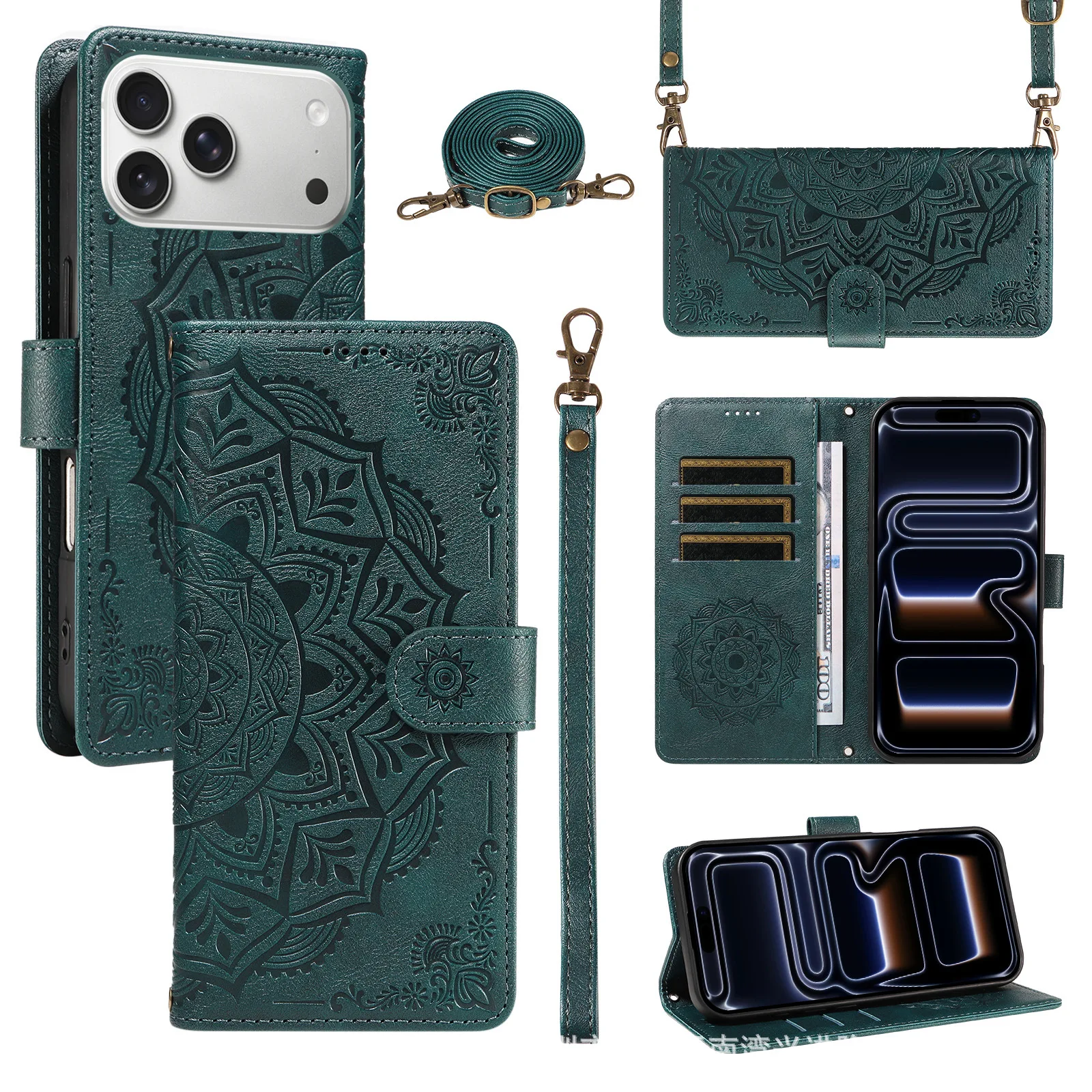 

Mandala Lanyard Leather Phone Case For Xiaomi Poco C85 C71 C65 M8 M7 M6 Plus M5S M4 M3 Cossbody Wrist Strap 3 Slot Flip Cover