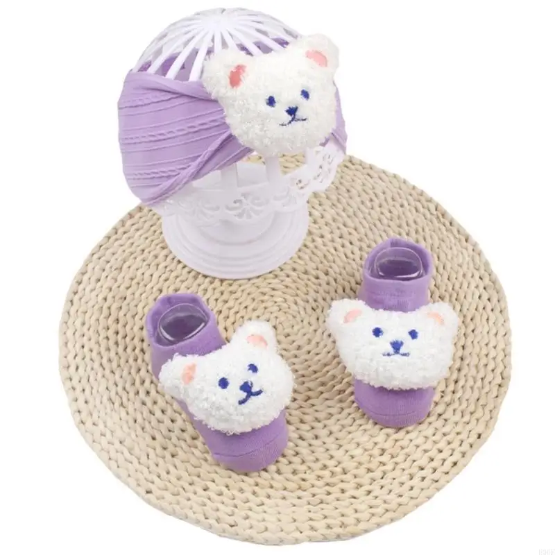 

E06F Toddlers Socks Antislip Floor Socks with Matching Headwear Elastic Hairband