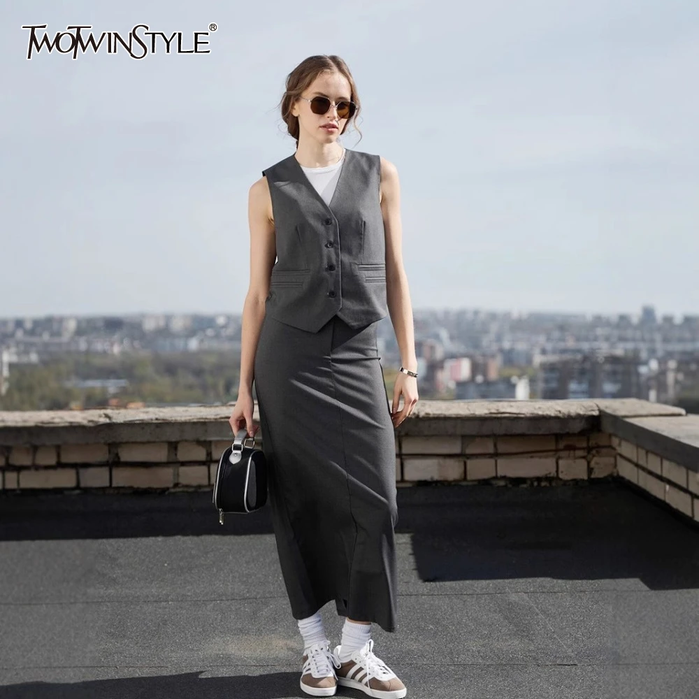 

TWOTWINSTYLE Solid Two Piece Set for Women V Neck Sleeveless Top High Waist Slimming Skirt Elegant Sets Female Fashion