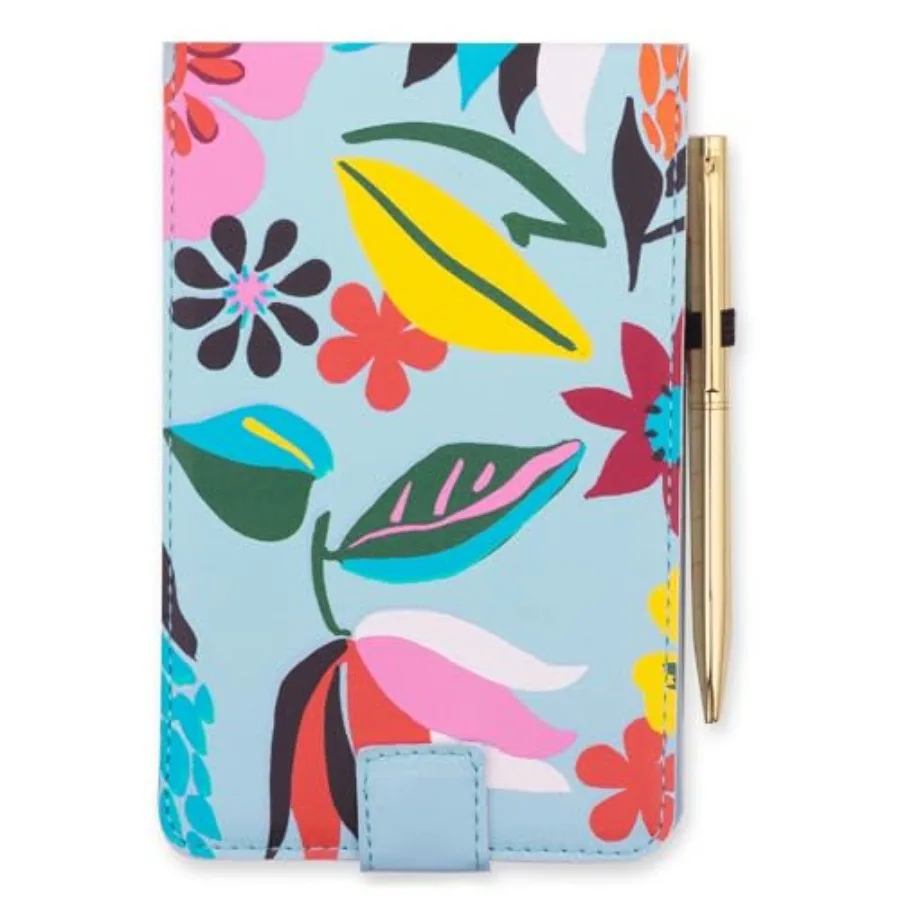 

5.5" x 3.75" Jotter Notepad with Refillable 96 Page Perforated Lined Notepad, Gold Pen, Flip Cover, and Elastic Loop, Safari Fl