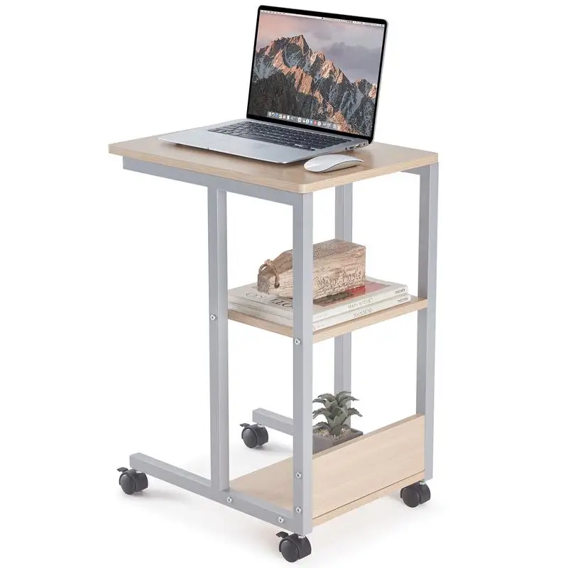 Shaped End Table with Lockable Wheels, Two-Tier Storage, Rolling Side Table for Living Room or Bedroom