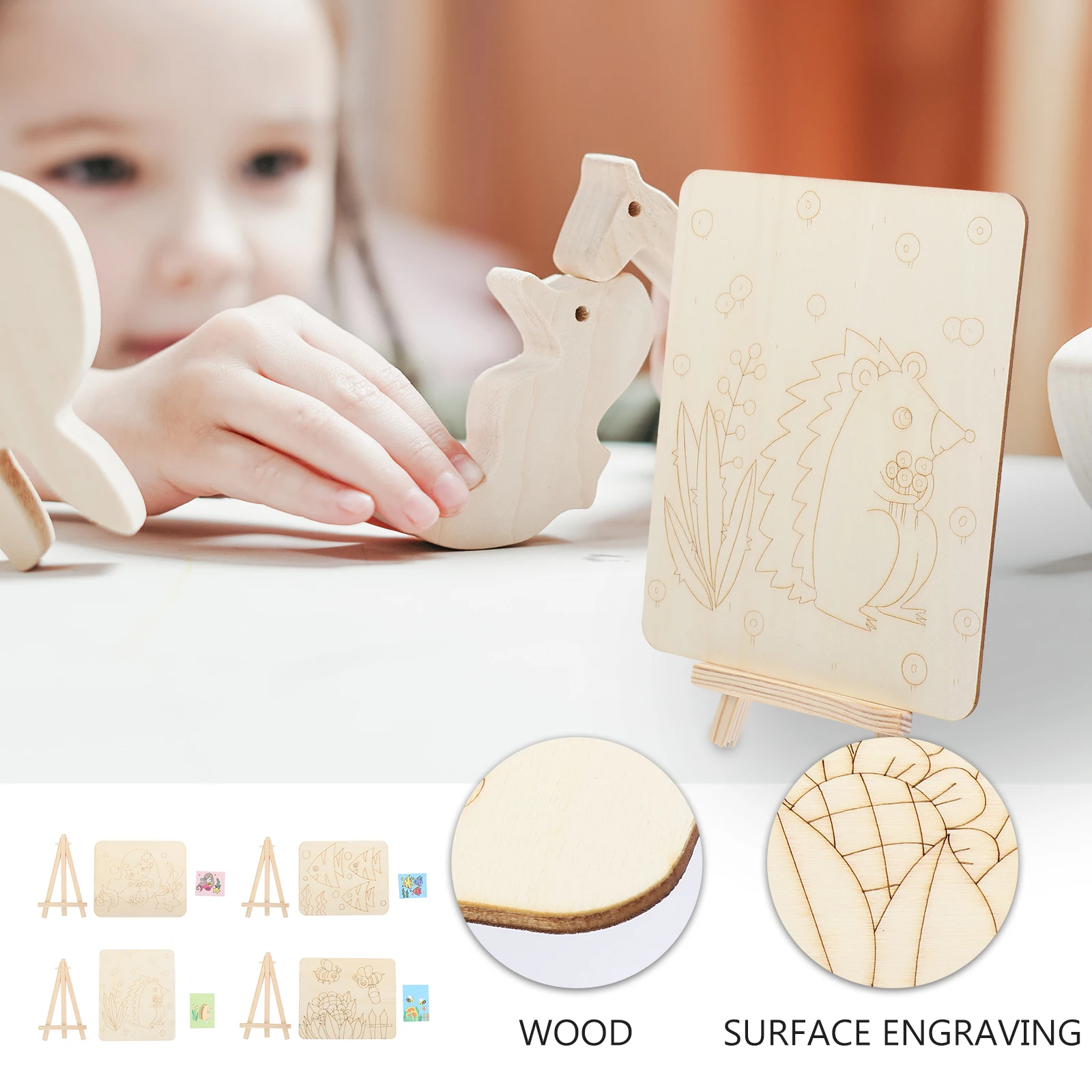 

4Pcs Wooden DIY Drawing Board Kids Toy Mini Painting Graffiti Craft Hobby Training Smooth Surface Engraving Patterns